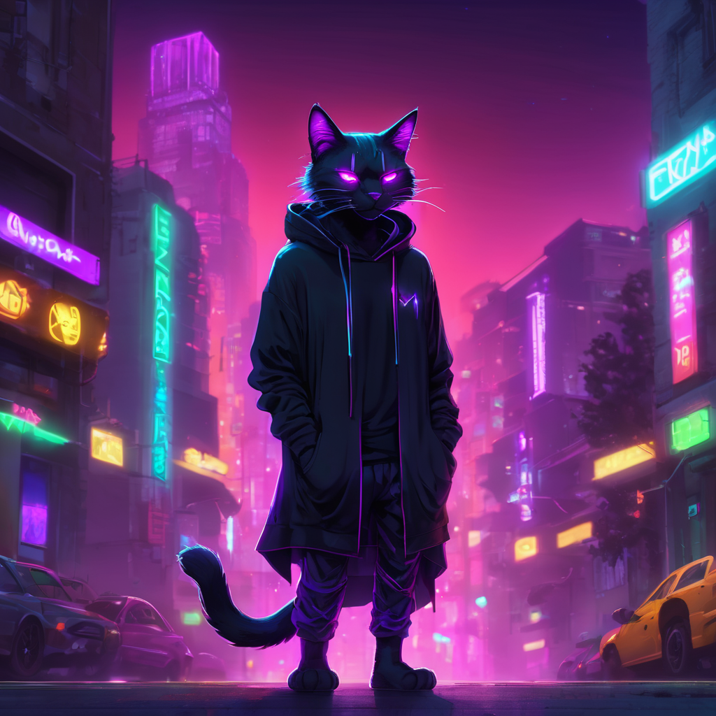 Anthropomorphic cat, wearing long black hoodie, casual pose, evil, glowing purple eyes, neon colors, detailed illustration, digital art, over-detailed art, concept art, full character, character concept, full body shot, fantasy character, hd, 4k, Dan Mumford, Krzysztof Maziarz, trending on art station