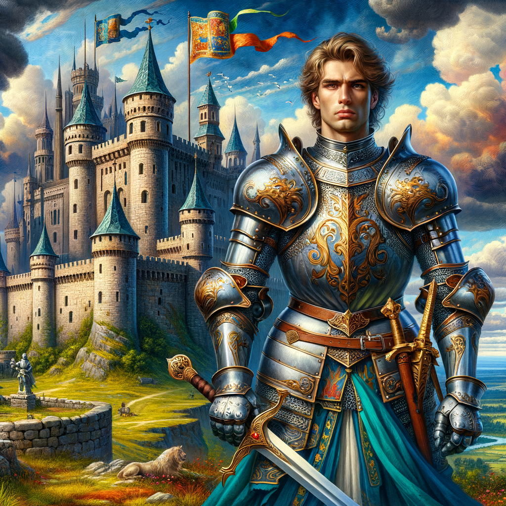 a noble knight in gleaming armor, standing tall with a sword in hand. The background features a medieval castle.