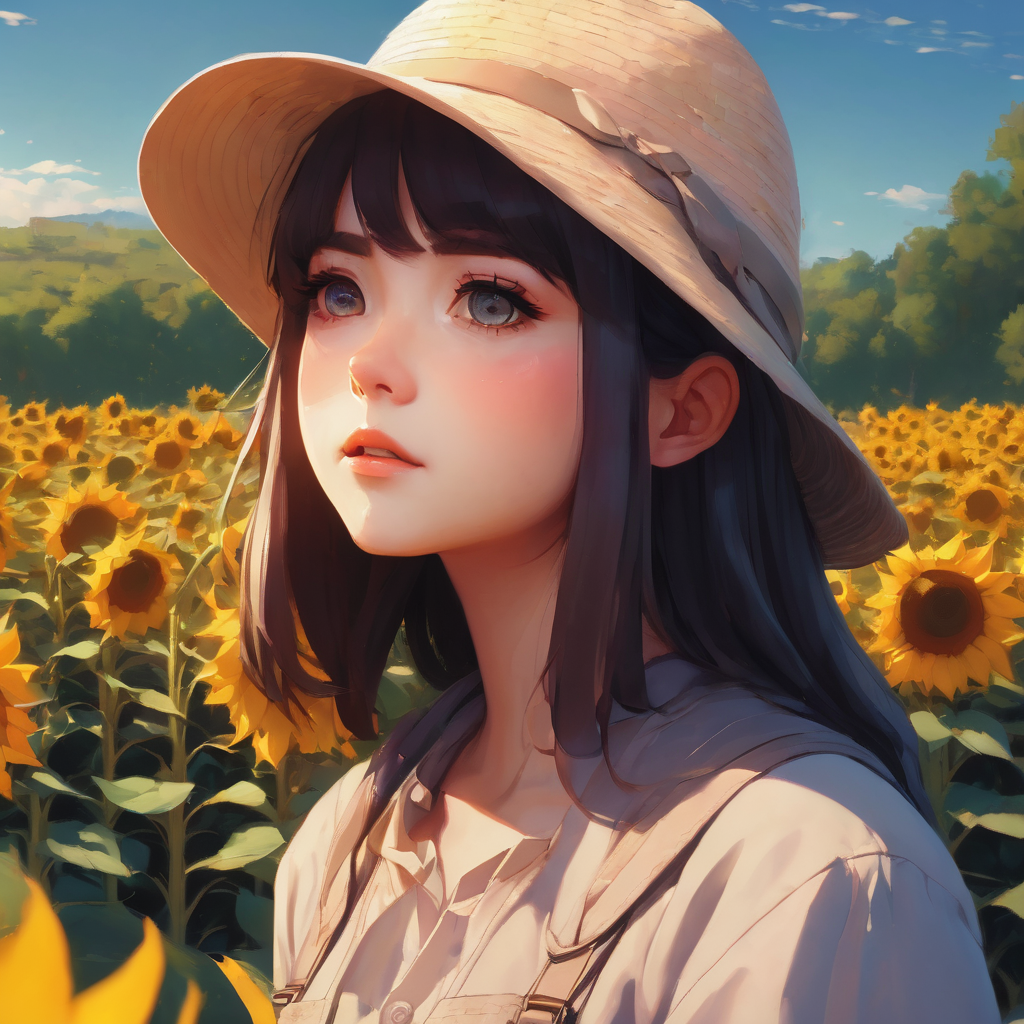 Anime girl standing in a sunflower field wearing a hat, flowing hair, big eyes, cute beautiful, detailed shading, realistic lighting, digital painting by Ilya Kuvshinov and Monika Zagrobelna, 4k resolution