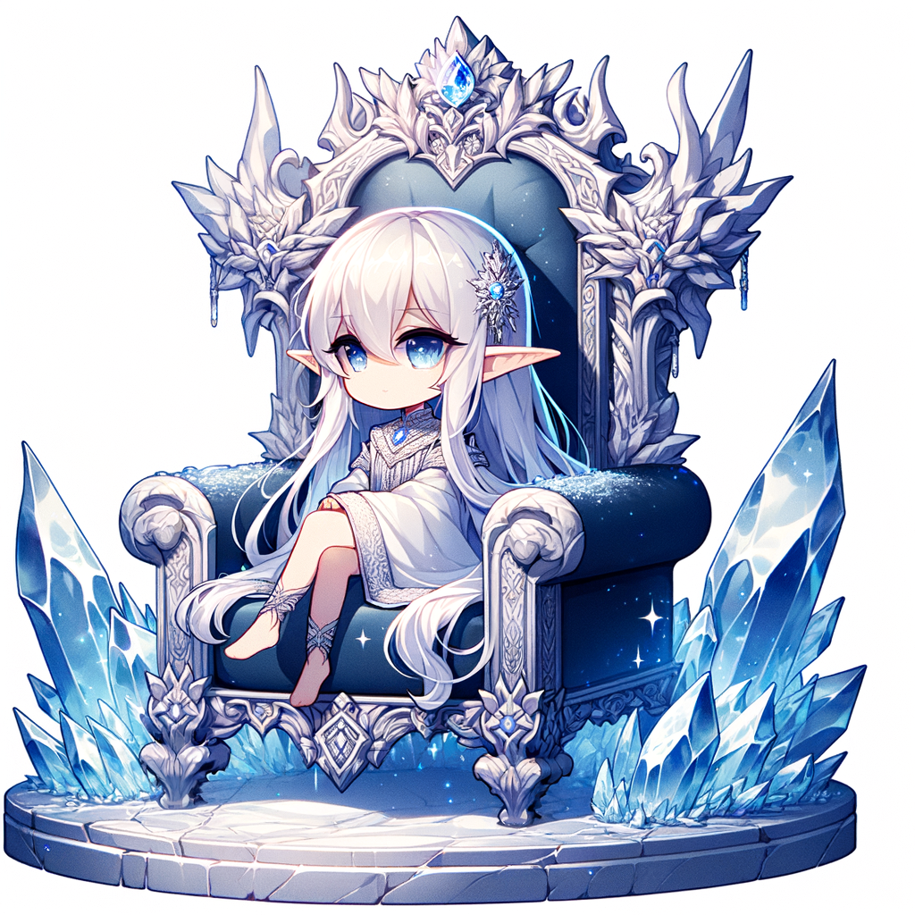 a chibi Anime elf with long white hair and pointed ears, sitting on an ornate, ancient throne made of ice.