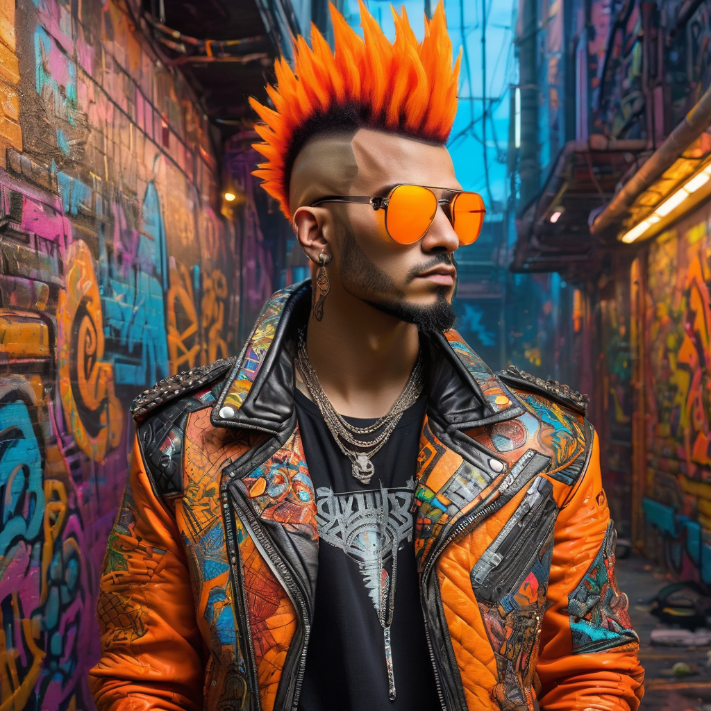 (masterpiece, high quality, cyberpunk, hyper-realistic, detailed art, artstation) a man with a striking, vibrant orange mohawk, orange goggles and intricate designs. He wears a colorful, patchwork leather jacket adorned with chains, graffiti, and cybernetic enhancements. The jacket has a high, quilted collar. The background is filled with graffiti-covered walls, neon lights, and a gritty, urban atmosphere