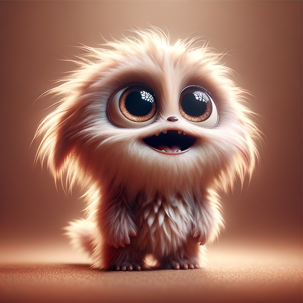 a short fluffy cute monster, expression of wonder and curiosity