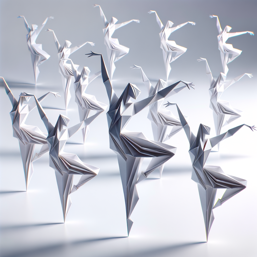 Origami dancers in white paper, 3D render, on white background, studio shot, dancing modern dance.