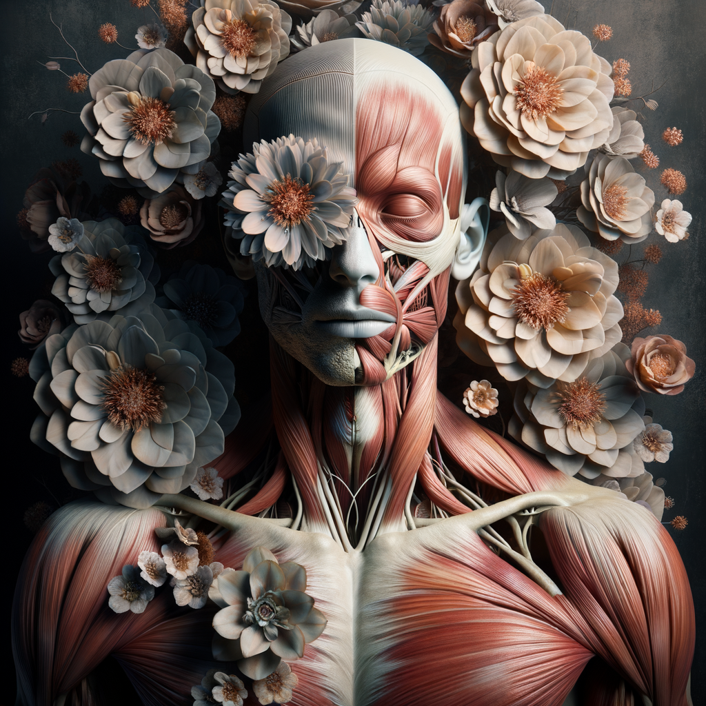 Surreal artwork of a human figure with half of the face and torso exposed to show muscles and veins, surrounded by realistic flowers in muted tones. The background is dark, emphasizing the contrast between the anatomical details and the delicate, intricate flowers. 4k, high quality, digital art,