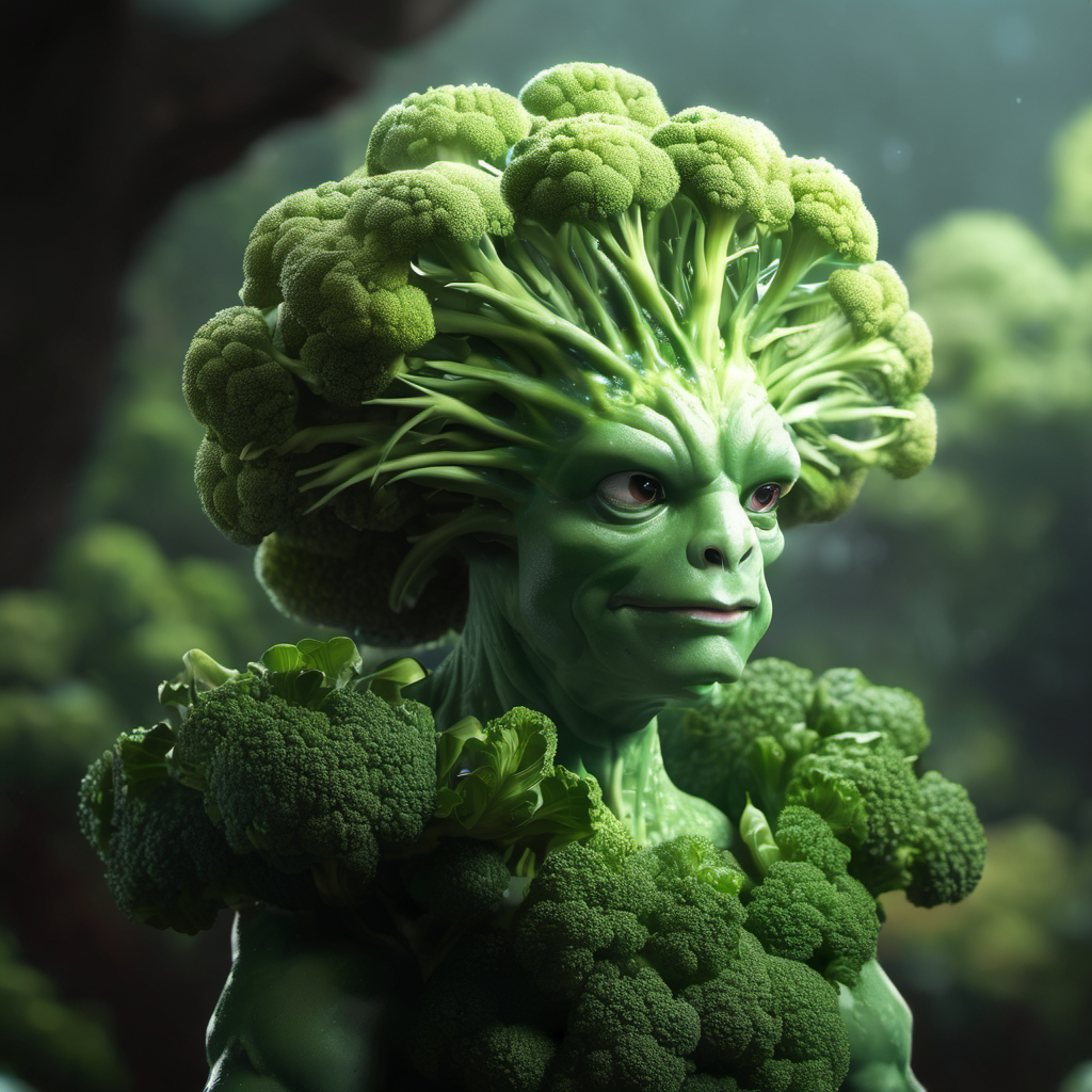 broccoli impersonated as a creature.character design, character art, 4k, high quality, digital art,