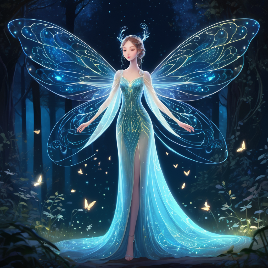 a delicate, ethereal being with luminescent wings that glow softly in the dark, slender, graceful form, with intricate patterns resembling a firefly's body, a flowing, translucent gown that sparkles like starlight, mystical forest in background, character design, character art, 4k, high quality, digital art, west studio, art station