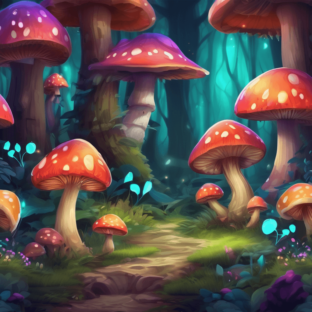 Create an image of a magical forest with vibrant colors, glowing mushrooms, and whimsical creatures.