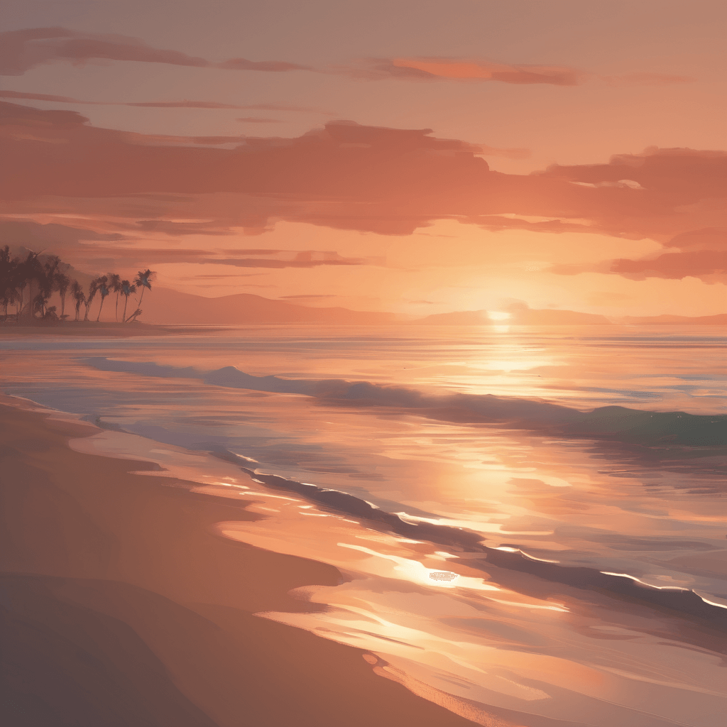 Generate an image of a serene beach at sunset, with warm hues, gentle waves, and a tranquil atmosphere.