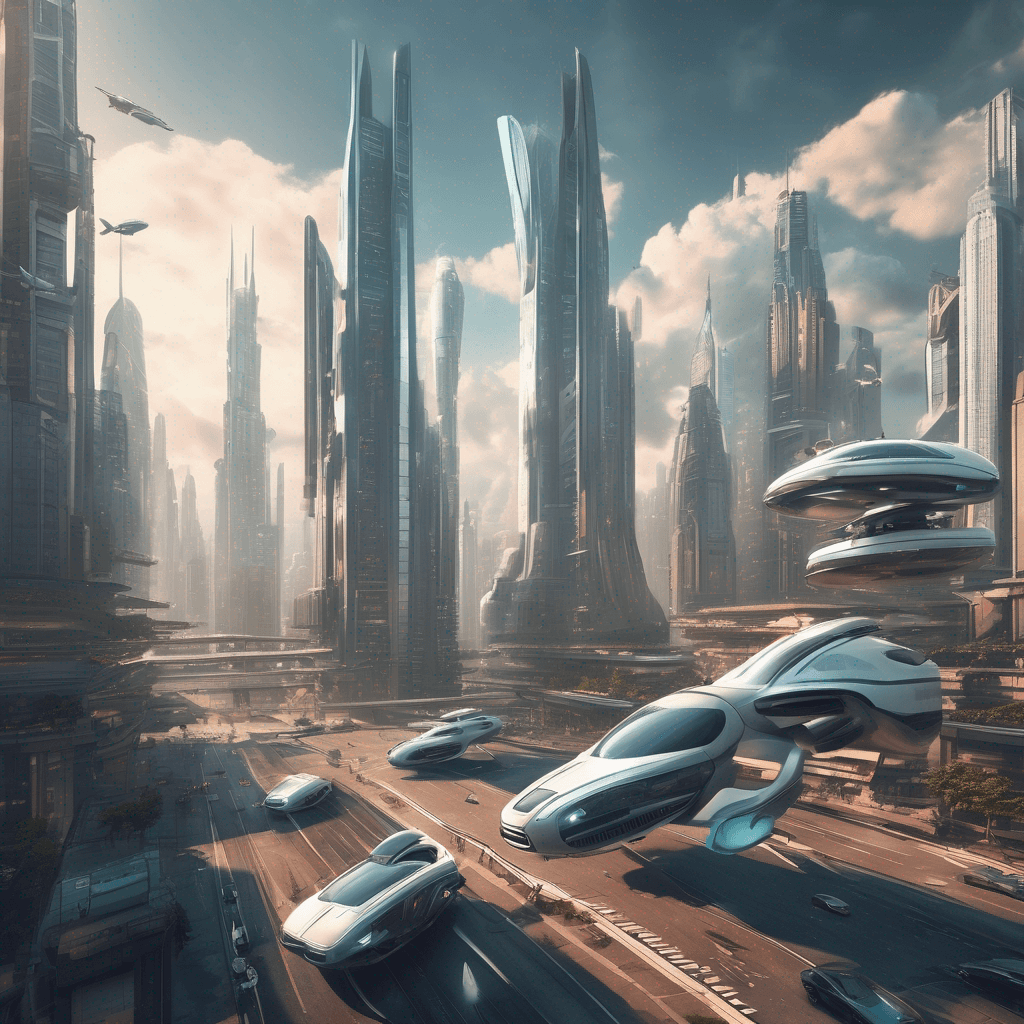 A futuristic cityscape with flying cars and skyscrapers