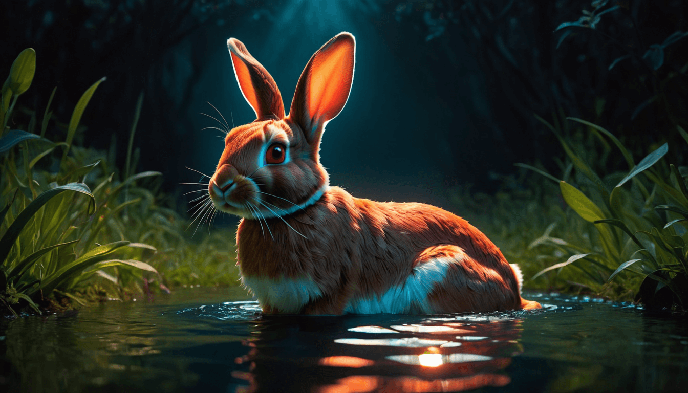 A surreal scene where a rabbit bathes in a peculiar glow. The rabbit's original colors have been replaced by an amber radiance that dances off its fur. The background shifts, blending between hues of vibrant crimson and silent, fading hues, creating a mesmerizing flow. A sense of enigmatic essence fills the atmosphere, wrapping everything in a layer of mystery. The scene is instilled with a dreamlike tranquility, the luminous contrast between the rabbit and its surroundings further underscoring the calm. Embedded within it all, a twilight shroud gently dapples the scene, casting patches of light and shadow.