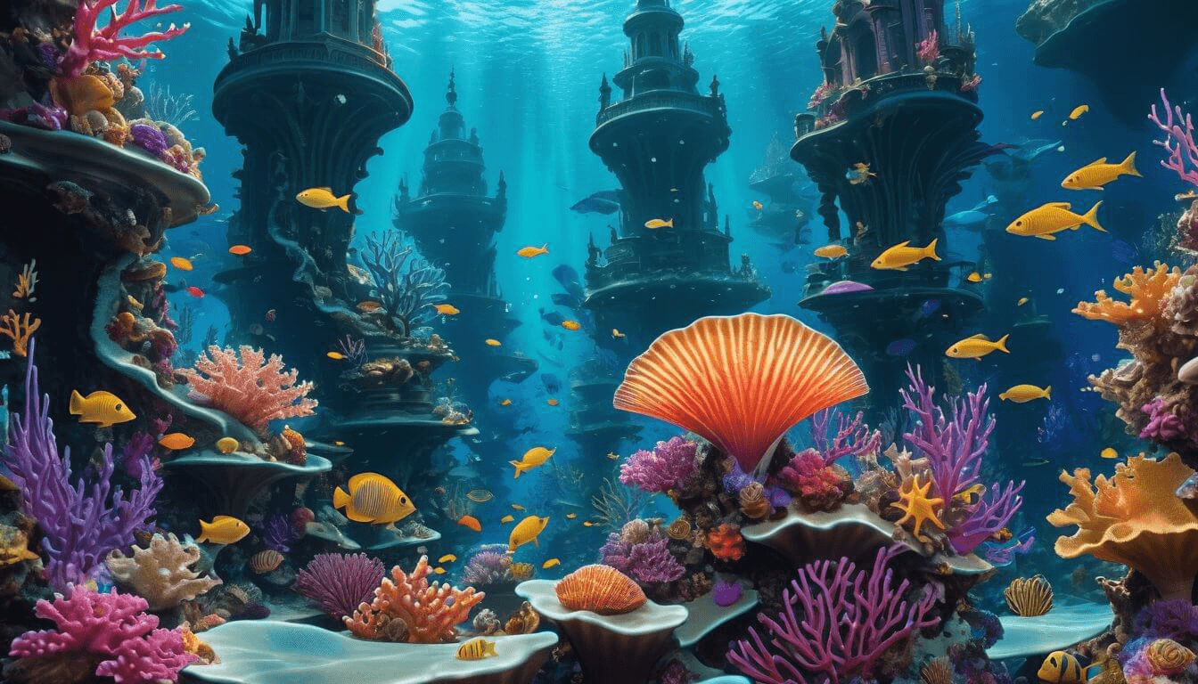 A mythical undersea kingdom, with coral cities and fantastical marine creatures