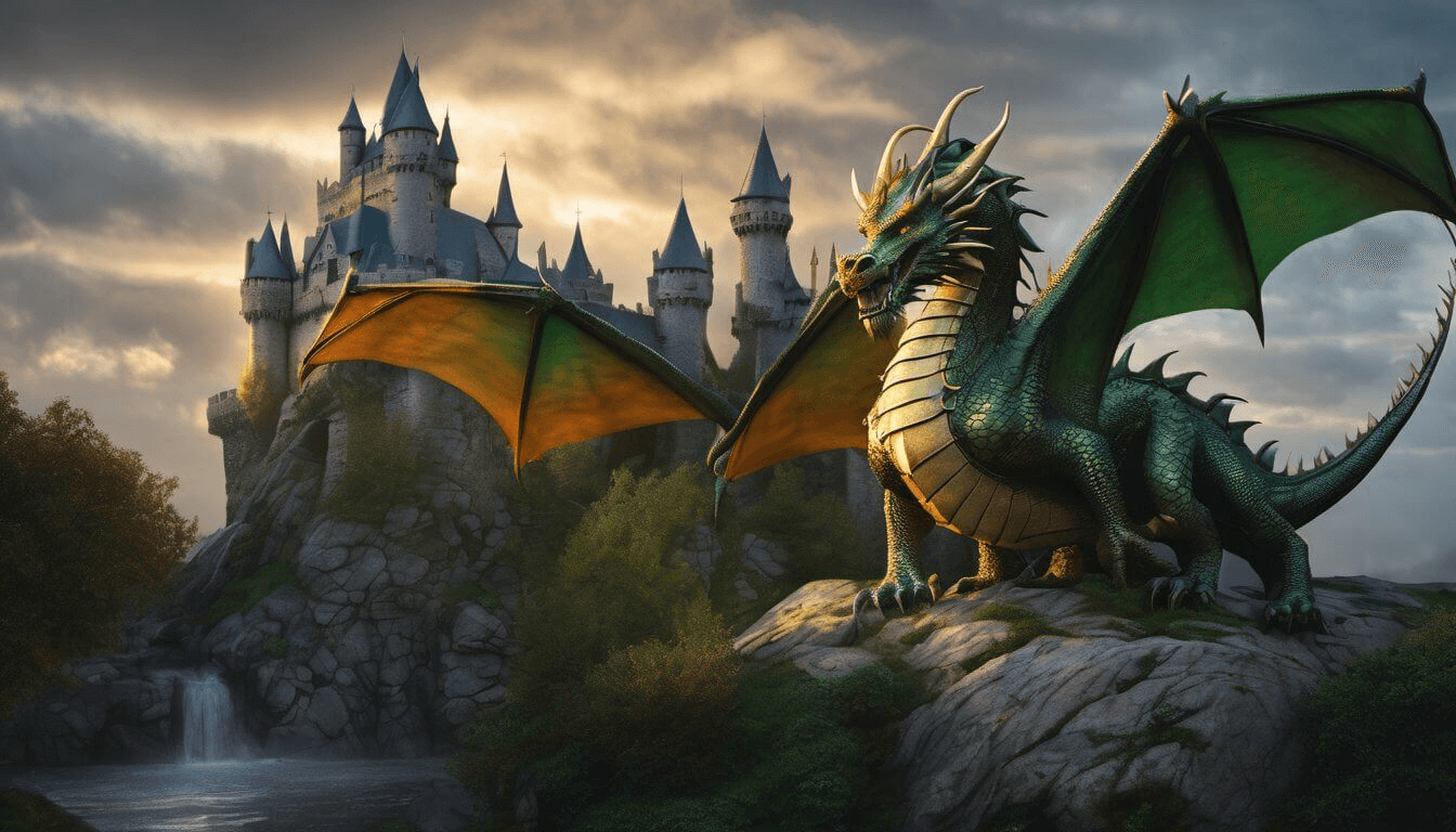 A hyper-realistic render of a mythical dragon perched atop a medieval castle.