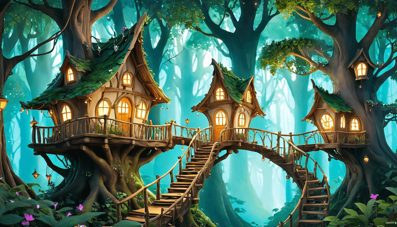 A magical treehouse village inhabited by woodland fairies, in a whimsical watercolor style.