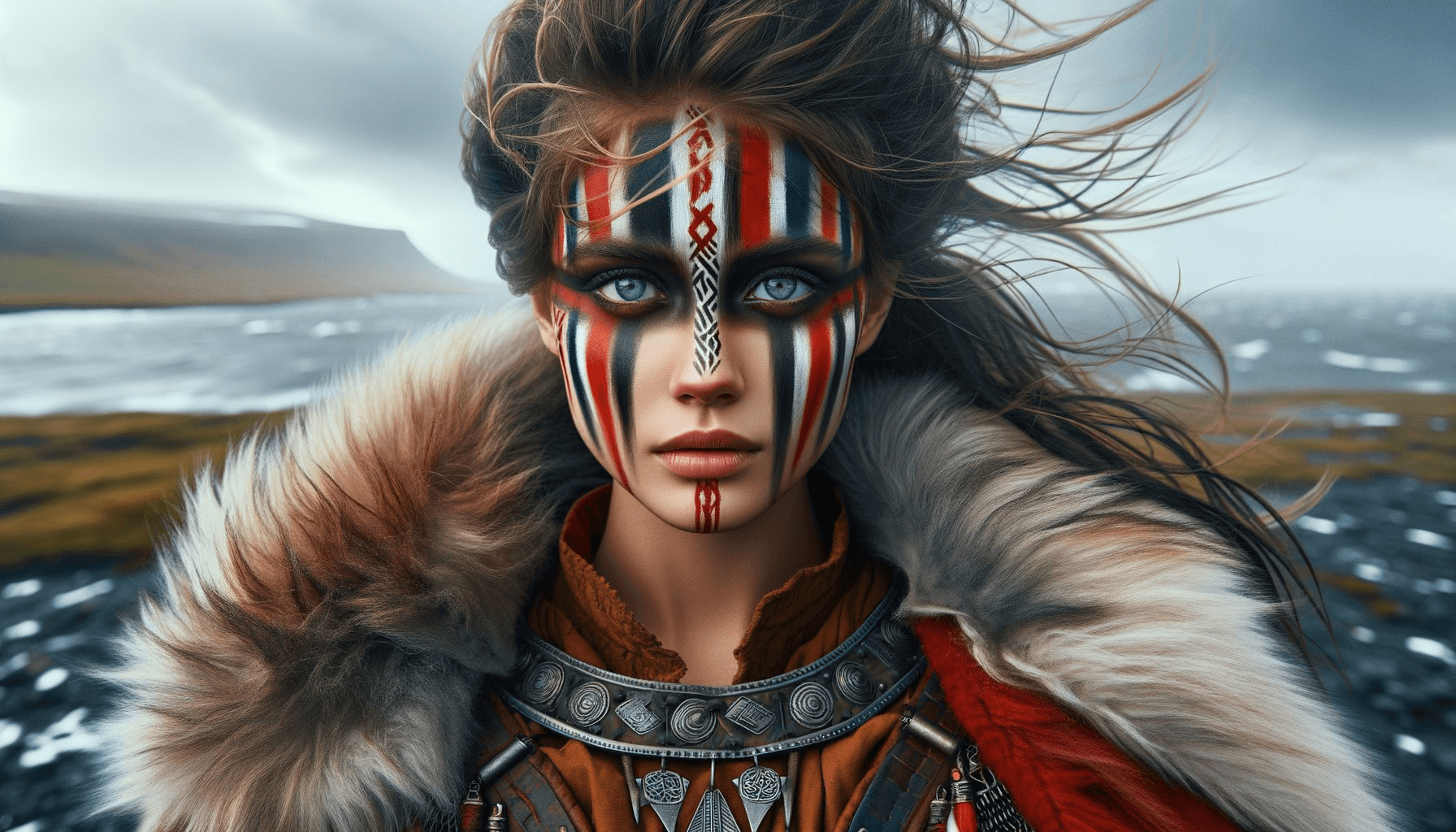 Viking girl with bright striped war paint