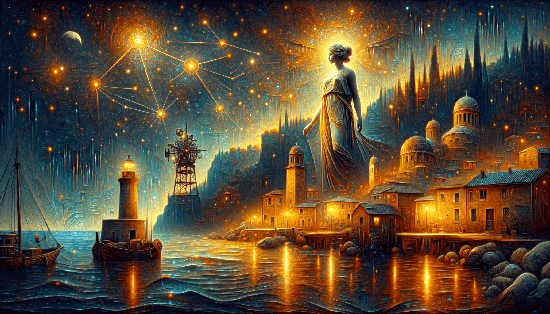 Create a hyperrealistic oil painting of a goddess of eternity in a cozy fishing town with art decor architecture, a cliff, lighthouse, and steampunk observatory under a clear night sky showcasing Orion by <Joe Fenton : 0, 6, b Leonid Afremov:0.4. The scene should have rich reflective details, smooth surfaces, warm global lighting, and a hard backlight to enhance the vivid, warm colors. Add a cinematic touch with an enchanting atmosphere, and incorporate sparkling gold and copper accents in an abstract style for added texture.