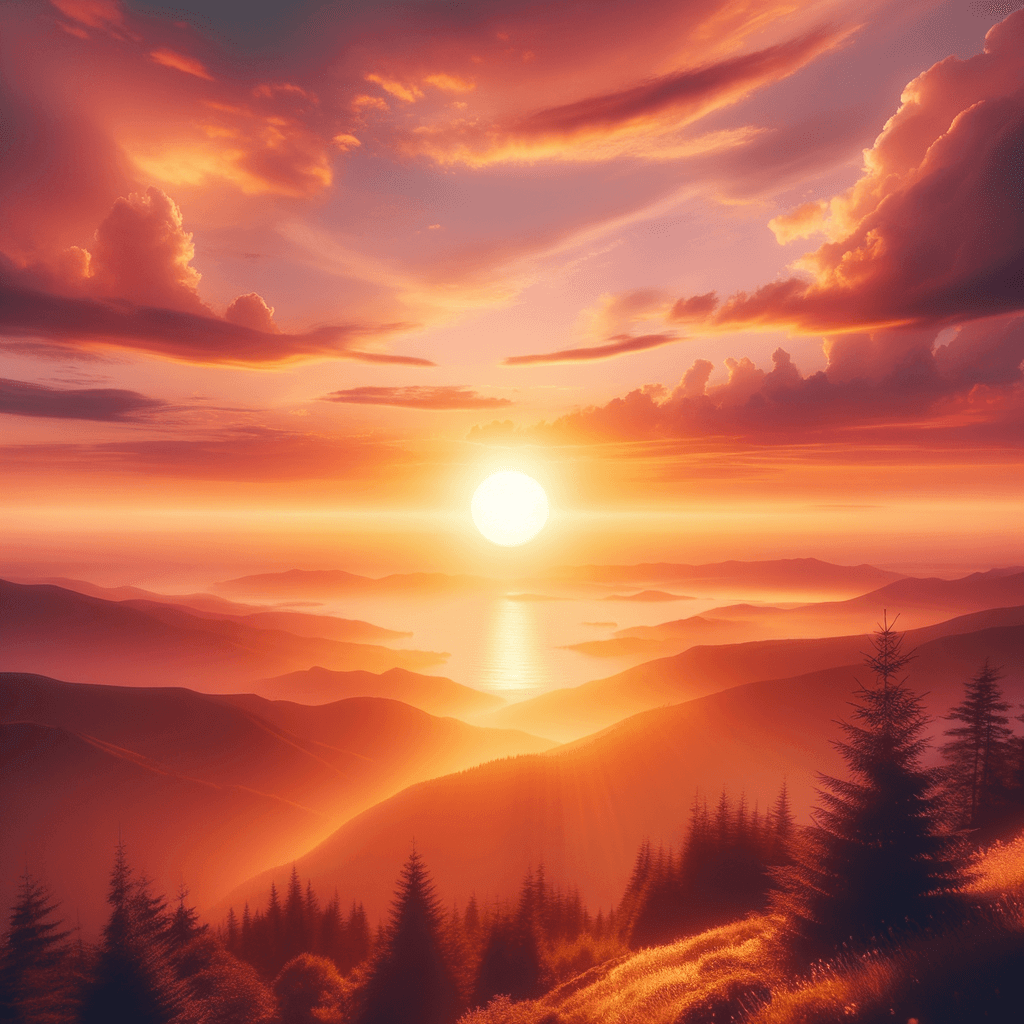 an image of an eternal sunsetâ€”a timeless horizon where the sun hangs low in the sky, casting a warm, golden light over a tranquil landscape bathed in hues of orange and pink