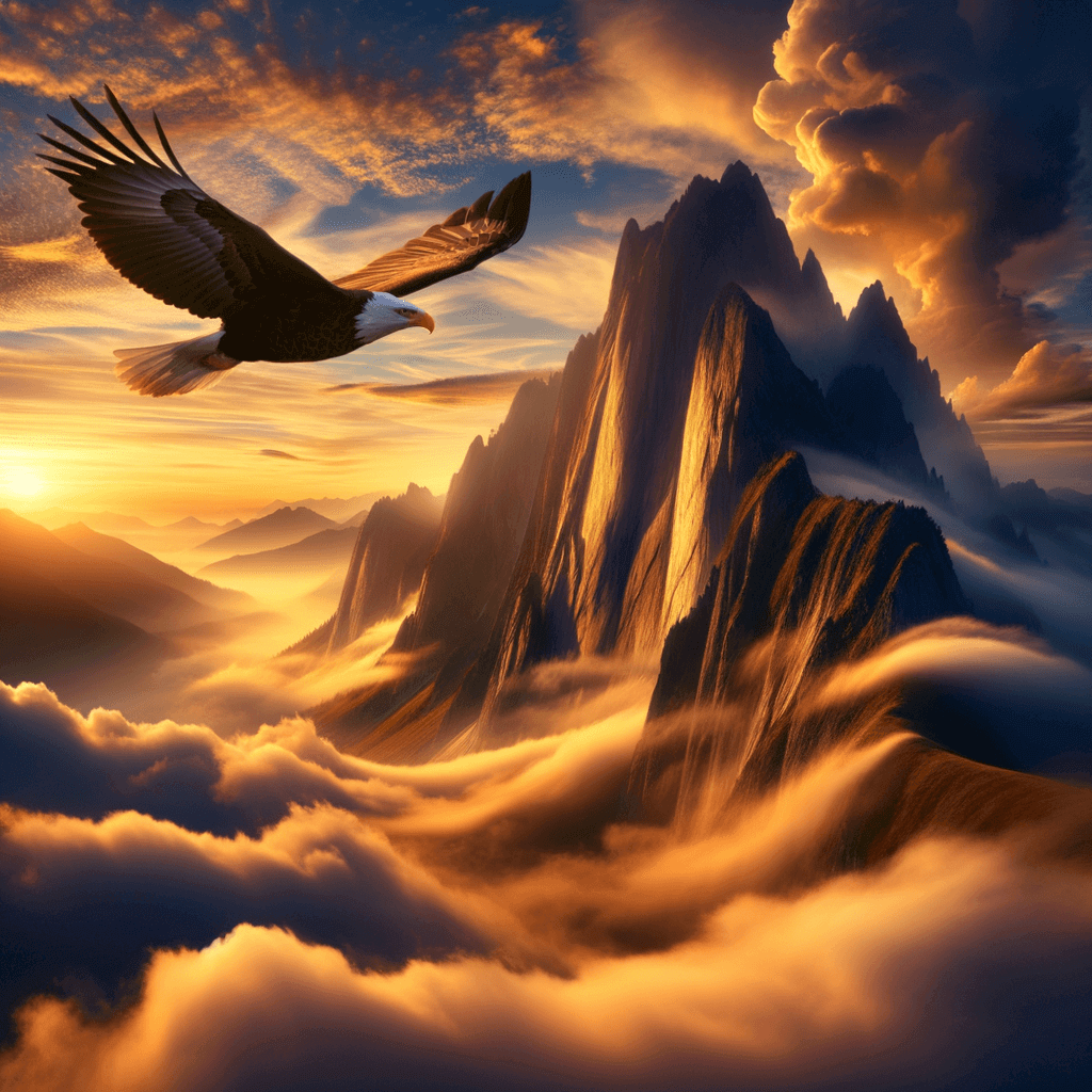 Picture a majestic mountain peak shrouded in mystic mist, its rugged cliffs bathed in the golden light of the setting sun, while an eagle soars overhead against a backdrop of painted skies