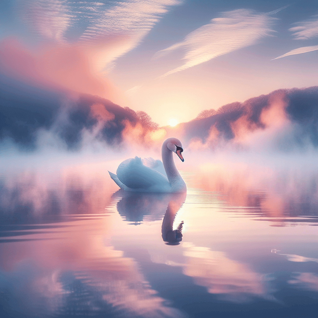 Picture a tranquil lake at dawn, its surface reflecting the pastel colors of the sky, while wisps of mist rise gently from the water, enveloping a solitary swan in a dreamlike aura