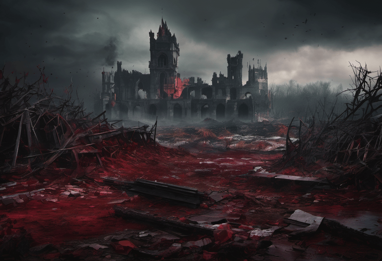 a kingdom on a brink of collapse in background with remnants of lost battle in foreground. dark moody colors with hints of reds