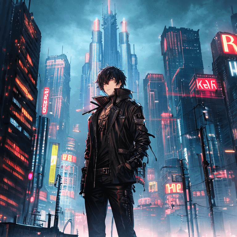 a character in A dystopian city with cityscape with towering, crumbling skyscrapers covered in graffiti and vines, dark clouds overhead, and neon signs flickering in the distance in background