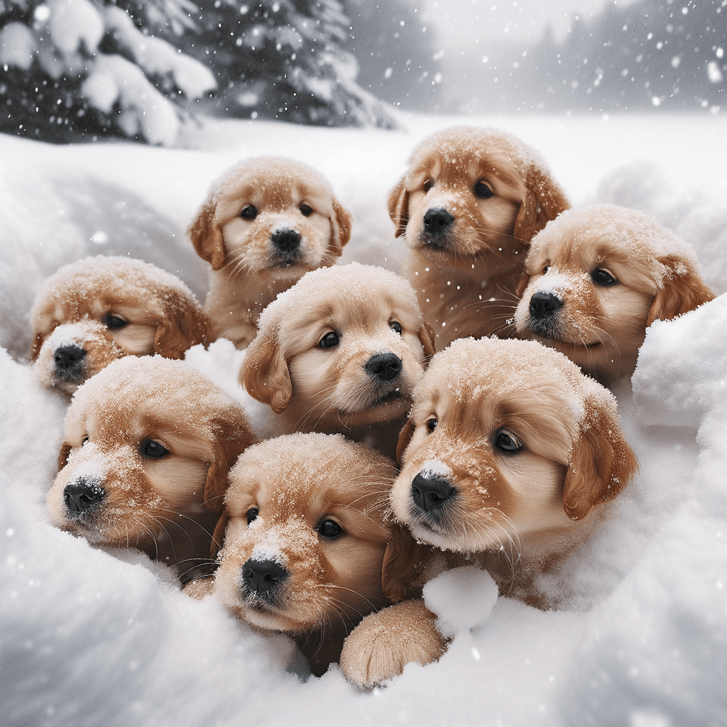 A litter of golden retriever puppies playing in the snow. Their heads pop out of the snow, covered in.