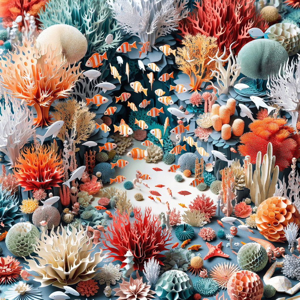 A gorgeously rendered papercraft world of a coral reef, rife with colorful fish and sea creatures.