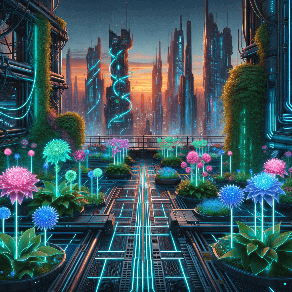 A cyberpunk-themed rooftop garden with futuristic plants, glowing flowers