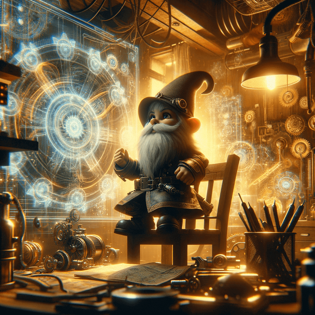 A steampunk-inspired digital illustration of a gnome inventor in a cluttered workshop, surrounded by holographic machinery and gears. The camera angle is a medium shot. The lighting is warm and atmospheric, cyberpunk