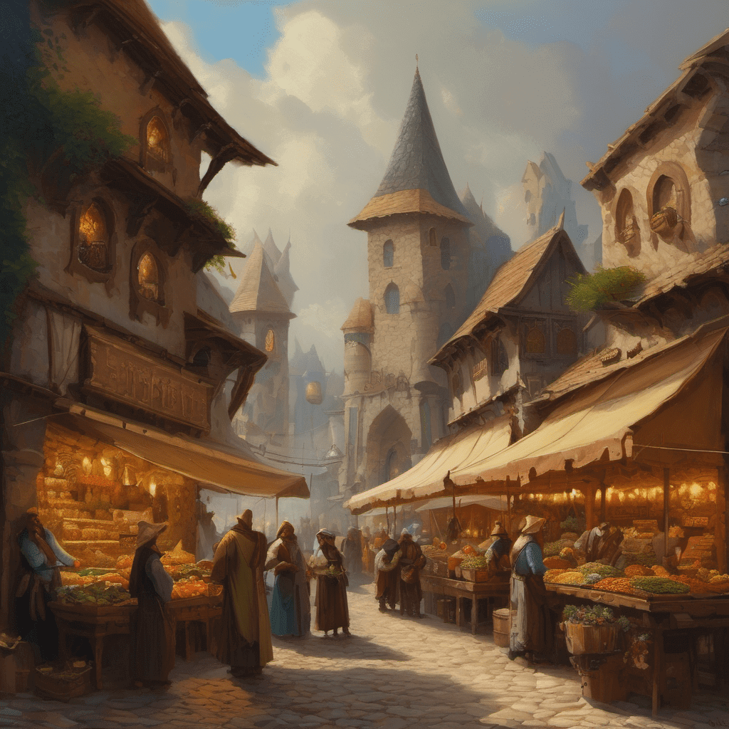 an oil painting of a fantasy marketplace