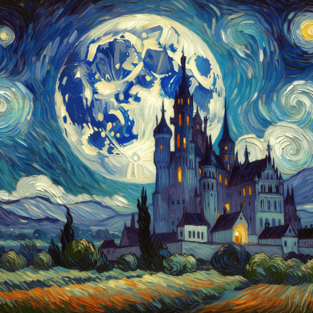 painting, Mystic Moonrise Castle in van gogh style