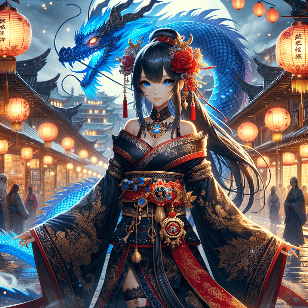 Enchanting female warrior in traditional Asian-inspired outfit with black and red fabrics, adorned with intricate gold patterns. Majestic blue dragon with glowing eyes behind her standing on a bustling, lantern-lit street in an ancient city. Cinematic, hyperrealistic digital painting by an artist like Kim Jung Gi or Kuvshinov Ilya, 4k resolution.