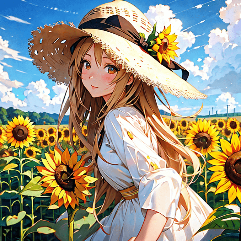 Anime girl standing in a sunflower field wearing a hat, flowing hair, big eyes, cute beautiful, detailed shading, realistic lighting, digital painting by Ilya Kuvshinov and Monika Zagrobelna, 4k resolution