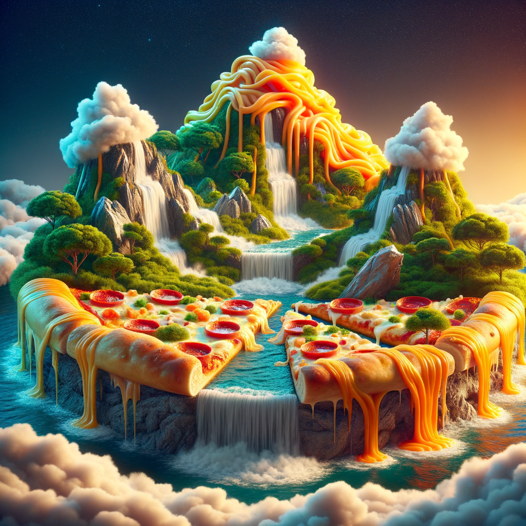 Pizza island with cheese waterfalls, food fantasy, whimsical, colorful, detailed, digital painting, unique concept, vibrant colors, mouth-watering, fantasy landscape, delicious, creative design, artstation inspiration, by food artists and fantasy illustrators, imaginative setting, cheese textures, crusty terrain, cinematic lighting